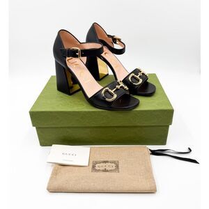 Gucci Baby Horsebit Sandals Block Heel Black Leather Ankle Strap EU 37 US 7